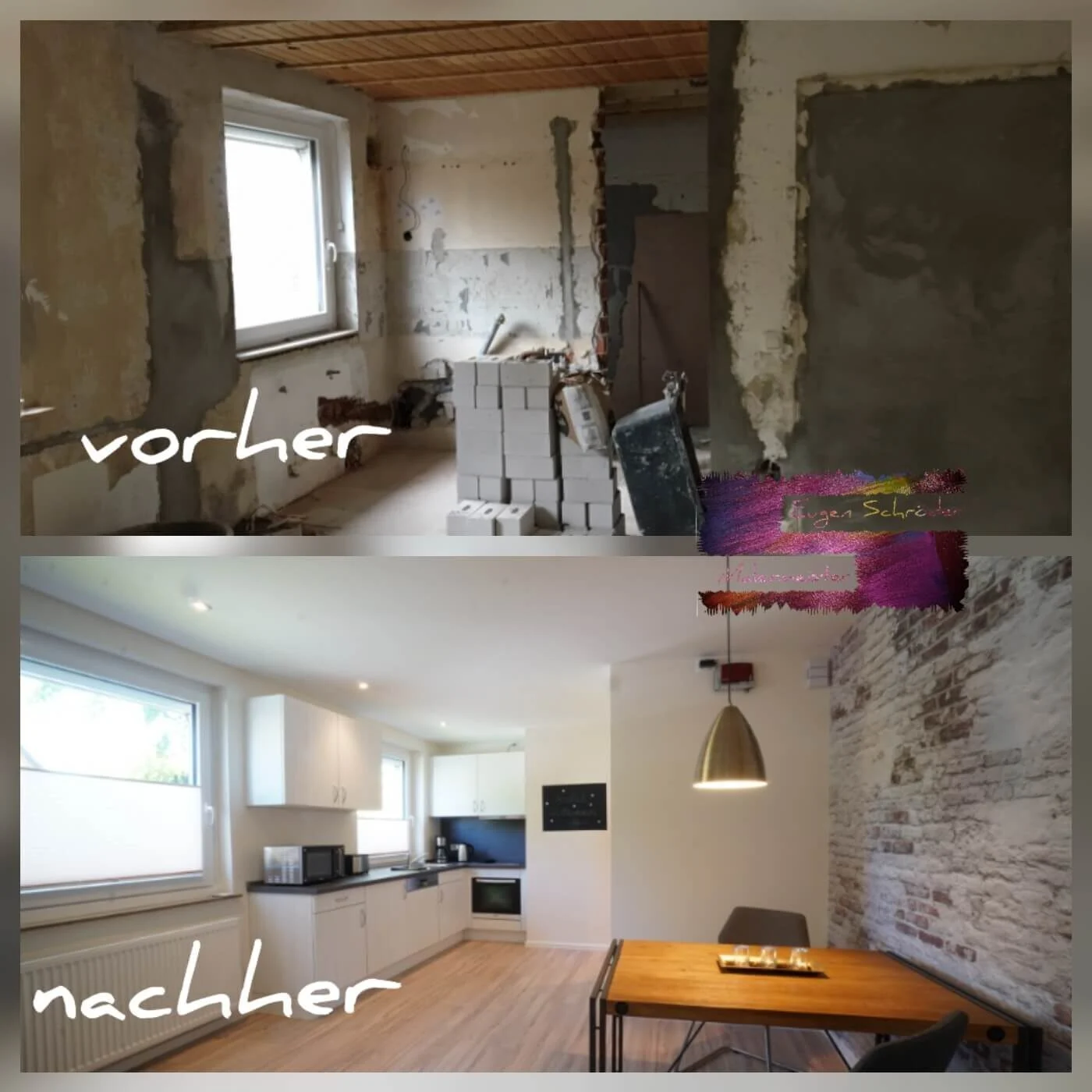 Vorher-Nachher-Vergleich einer Wohnungsrenovierung mit Küche und Wohnbereich