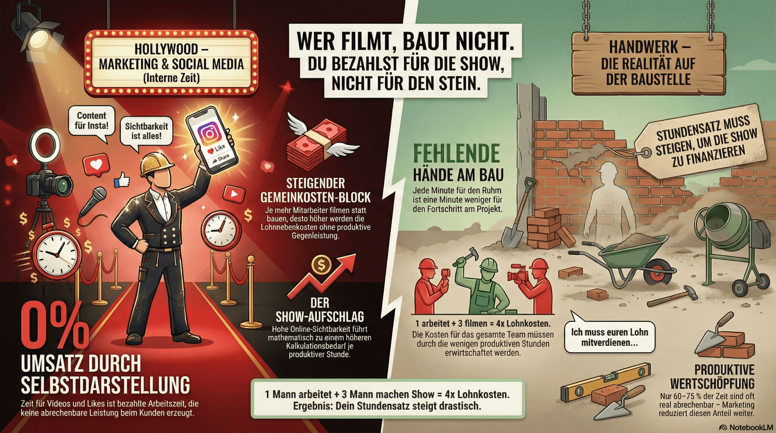 Illustration zeigt, wie Zeit für Social Media und Marketing im Handwerk bezahlte Arbeitszeit ist und über den Stundenverrechnungssatz auf Kunden in Bielefeld und OWL umgelegt wird.