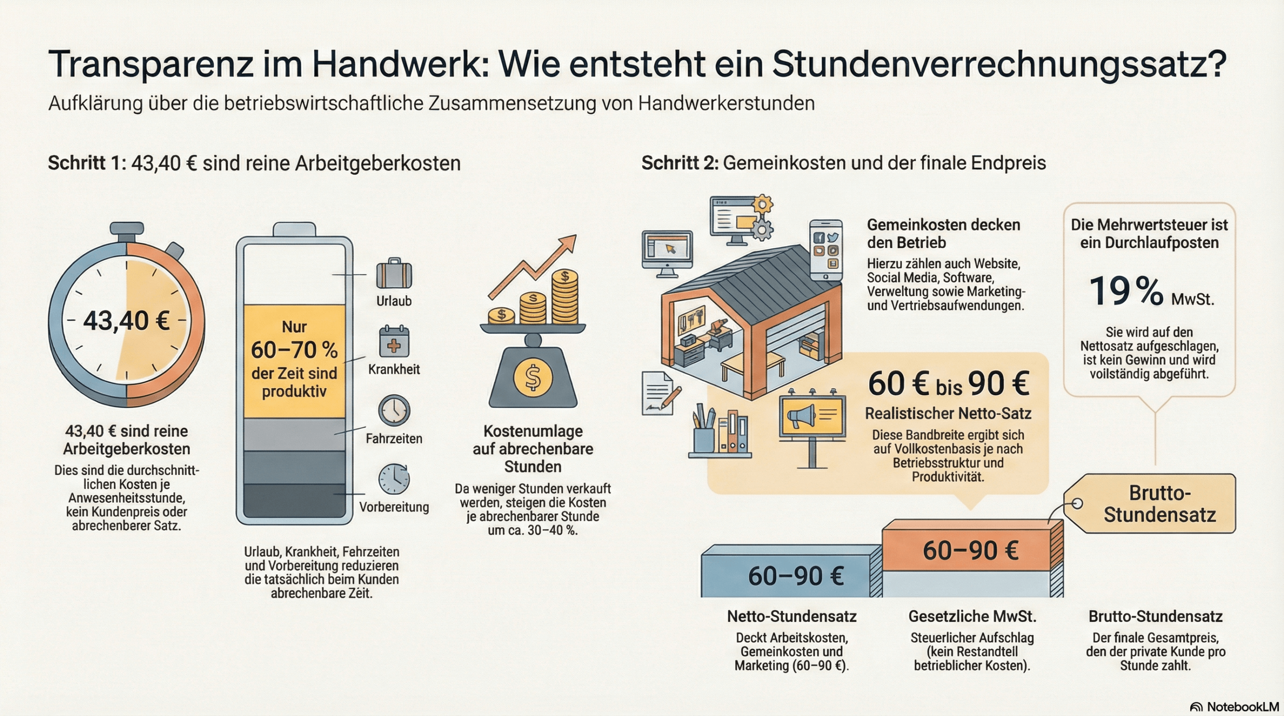 Grafik zur Erklärung, wie sich der Stundenverrechnungssatz eines Malers aus Arbeitgeberkosten, nicht produktiver Zeit, Gemeinkosten und Mehrwertsteuer zusammensetzt, erklärt für Kunden in Bielefeld und Umgebung.